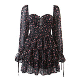 hulianfu Lolita Women's Mini Dresses Flower Printing Square Neck Robes for Women Sweet SLady Long Sleeve Ruffles Ladies Veastidos