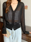 Hulianfu Summer V Neck Cardigan Women Casual Transparent Sweater Shirts Lady Simple Thin Solid Outwear Female Crop Top