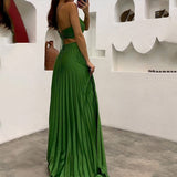 hulianfu Women Maxi Dress Summer Solid Sling Suspender Sleeveless Pleated Backless Lace Up Beach Party Dresses High Streetwear