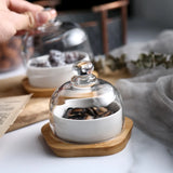 HULIANFU New Ceramic Dessert Bowl Snack Dish Taste Fruit Salad Ice Cream  Pudding Cup With Bamboo Tray Glass Cover Creative Tableware