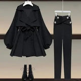 Hulianfu Autumn Office Ladies Elegant 2 Piece Sets Women Korean FashionTurn-down Iantern Long Sleeve Trench Coat And Bodycon Pants Sets
