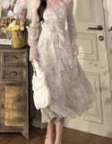 Hulianfu French Style Floral Dress for Women 2023 V Neck Long Sleeve Mini Dress Elegant Chic Sweet Asymmetrical Midi Sexy Dress