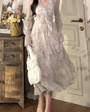 Hulianfu French Style Floral Dress for Women 2023 V Neck Long Sleeve Mini Dress Elegant Chic Sweet Asymmetrical Midi Sexy Dress