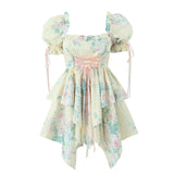 Hulianfu Women Summer Fashion Sweet Floral Print Mini Dress Vintage Square Collar Chic Wood Ear Princess Dresses