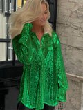 hulianfu Winter Y2K Green Fashion  Elegant Sequins Shirts Women Long Sleeve V Neck Party Sexy Club Long Casual Blouse Shirt