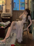 French Elegant Fairy Midi Dress Office Lady One Piece Dress Korean Fashion Summer Pure Color Sweet Even Party Dress Woman