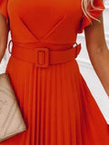 hulianfu Office Lady Midi Pleated Dresses  Summer Elegant Women's O-Neck Butterfly Sleeve Sashes A-line Dresses For Women Robe Femme