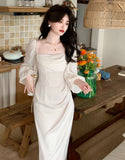 Hulianfu Autumn Solid Elegant Fairy Dresses Women Casual Party Fashion Korean One Piece Dress Female Lace Vintage Chic Midi Dresses