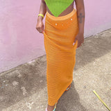 Hulianfu Female Crochet Hollow Out Skirt Solid/Stripe Patchwork Casual Fashion Clothes Women Elastic High Waist Wrapped Long Skirts S M L