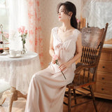 hulianfu V-Neck Sexy Sleeveless Long Nightdress for Women Bow Cute Nightgown Lace Sleepwear Ice Silk Loose Sleepdress Comfort Home Pijama