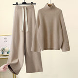 Hulianfu Autumn Winter Warm Knitted Suit Women Long Sleeve Half Turtleneck Knitting Sweater And Wide Leg Pants Sets Outer Wear Loose Set