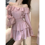 Hulianfu Two Piece Sets Womens Outifits 2023 New Fashion Casual Long Sleeve Chiffon Tops Chic Solid High Waisted Mini Skirt Sets