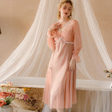 hulianfu New Silk Nightgown Sleepwear Dress Lady Summer Sleepshirt Long Sleeve Nightdress Loose Women Princess Satin Pajamas