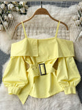 Hulianfu New Fashion Women Spring Summer Yellow Shirt Sexy Spaghetti Strap Slash Neck Off Shoulder Long Sleeve Blouse with Belt