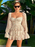 hulianfu Lolita Women's Mini Dresses Flower Printing Square Neck Robes for Women Sweet SLady Long Sleeve Ruffles Ladies Veastidos