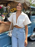 hulianfu Pockets Turn Down Collar Shirt Crop Top Cotton Linen White High Fashion Blusa Mujer Loose Casual Summer Spring Blouse