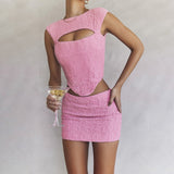 Hulianfu Pink Sleeveless 2 Piece Dress Set Sexy Cut Out Holiday Party Dresses Casual Cropped Top and Mini Skirt Women