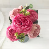 HULIANFU 2023 30cm Rose Pink Silk Peony Artificial Flowers Bouquet 5 Big Head and 4 Bud Cheap Fake Flowers for Home Wedding Decoration indoor