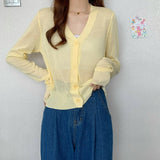 Hulianfu Summer V Neck Cardigan Women Casual Transparent Sweater Shirts Lady Simple Thin Solid Outwear Female Crop Top