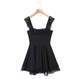 Hulianfu 2023 Spring Summer New Sexy Casual Chic Slim Backless Lace Square Neck Short Strap Mini Dress For Women