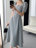 Hulianfu Vintage Square Collar Casual French Midi Dress for Women Elegant Party Ladies Pleated A-Line Femme Fashion Bodycon Dress Summer