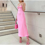 hulianfu Pink Camis Long Dresses Women Satin Cut Out Sleeveless Slip Dress Female Backless Sexy Party Dresses Summer Slit Midi Dress