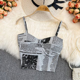 Hulianfu Women Push Up Camisole With Bra Sexy Top Women Suspender Tank Fashion Printed Newspaper Camis Female Soft Sleeveless Top