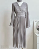 Hulianfu V Neck Flare Sleeve White Dress Fashion French Style Long Sleeve Dress for Women Elegant Chic Midi Vintage Dress