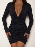 Hulianfu Fairyshely Sexy Ruffle V Deep Evening Party Dress Long Sleeve Short Dresses For Women Solid Tight Club Mini Dress Clubwear