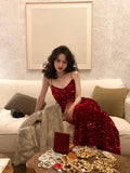 Hulianfu Maxi Long Sequin Dress Sexy Red Glitter Bodycon Wedding Guest Birthday Party Dresses Elegant Occasion Dress for Women