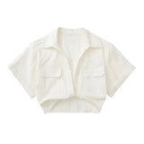 hulianfu Pockets Turn Down Collar Shirt Crop Top Cotton Linen White High Fashion Blusa Mujer Loose Casual Summer Spring Blouse