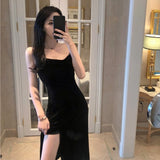 Hulianfu New Vintage Women Dress Spaghetti Strap Slit Velvet Black Dress Sexy Bodycon Bandage Dress Midi Party Dress Verano Vestidos