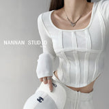 Hulianfu Y2k T-shirt Girls Crop Tops Spring Women Long Sleeve O Neck Cotton Shirts Bustier Harajuku Pullover Streetwear