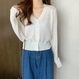 Hulianfu Summer V Neck Cardigan Women Casual Transparent Sweater Shirts Lady Simple Thin Solid Outwear Female Crop Top