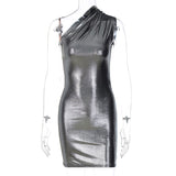 Hulianfu Pu Leather One Shoulder Sleeveless Draped Mini Prom Dress 2023 Summer Fall Women Elegant Y2K Evening Party Club Clothes