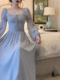 Hulianfu Floral Dress for Women New Fashion Spring Fairycore Square Collar Puff Sleeve Midi Dress Elegant Lace-up Y2k Dress