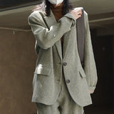 Hulianfu Fall Winter Women's Casual Coat Solid Color Single Breasted Pocket Decorative Loose Wool Blazer Jacket