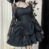 Halter Halloween Cosplay Costumes Gothic Lolita Party Dress White Black Flare Sleeve Fairy Princess Ruffle Cake Kawaii Dresses