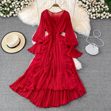 hulianfu Holiday Style Ankle Length Long Dresses Women  Spring New V Neck Puff Sleeve Lace Elegant Evening Party Summer Dress