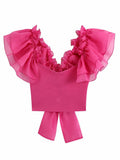 hulianfu summer chiffon blouse women transparent organza pink puff ruffle sleeve back bow blouse sexy slim short tops female camisole New