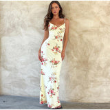 Hulianfu Fashion Flower Print Spaghetti Strap Dress Women Elegant V Neck Backless Midi Dresses 2023 Summer New Sweet Ladies Vestidos