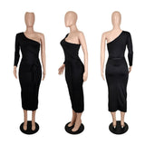 Hulianfu Women One Shoulder One Long Sleeve Ruched with Sashes Bodycon Midi Dress Sexy Night Party Dresses for Winter Spring
