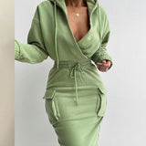 hulianfu Christmas Autumn Winter Casual Long Sleeve V Neck Lowcut Grey Dress Flap Detail Drawstring Waist Hooded Sweatshirt Dress