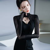 Hulianfu Solid Sexy Long Sleeve Mesh Tshirt Women Fashion Patchwork Black Top T Shirt Autumn Winter Ladies Hollow Out Tee Shirt