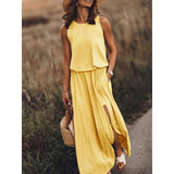 hulianfu Summer Solid Long Dress Women Casual Sleeveless Elastic Waist Side Slit Maxi Dresses Female O-Neck Loose Tank Dress Sundress