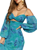 Hulianfu Women s Cold Shoulder Midi Dress Spaghetti Strap Long Sleeve Floral Print Beach Dress Y2k Low-cut Hollowed Out Long Slim Dress