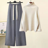 Hulianfu Autumn Winter Warm Knitted Suit Women Long Sleeve Half Turtleneck Knitting Sweater And Wide Leg Pants Sets Outer Wear Loose Set
