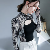 Hulianfu Printed Mesh Sexy Long Sleeve T Shirts Women Hollow Out Chinese Style Vintage Collar Patchwork Tee Shirt