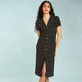 Polka Dot Print Midi Dress Woman Elegant Embroidery Short Sleeve V-neck Vestidos  Summer Femme Vintage Casual Long Robes