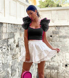 hulianfu summer chiffon blouse women transparent organza pink puff ruffle sleeve back bow blouse sexy slim short tops female camisole New